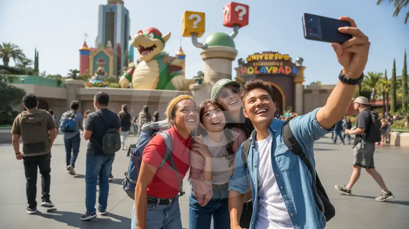 Group of friends taking a selfie at Super Nintendo World inside Universal Studios Hollywood with Bowser's Castle in background
