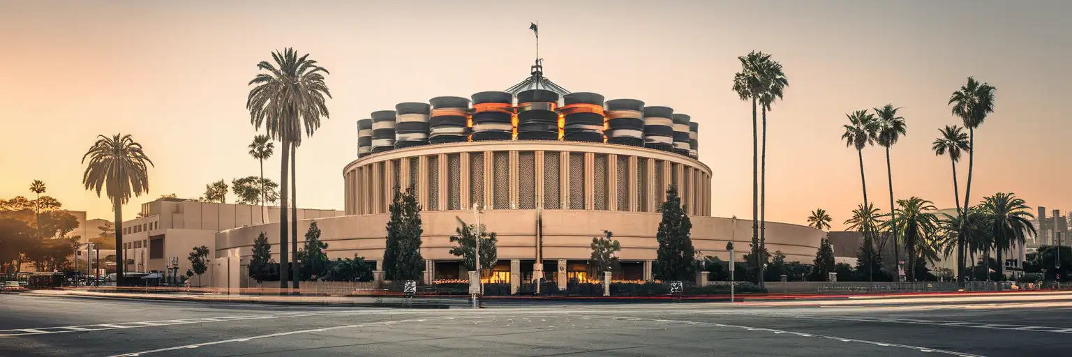 Szeroki widok zewnętrzny Capitol Records Building w Los Angeles o złotej godzinie z charakterystyczną sylwetką okrągłej wieży