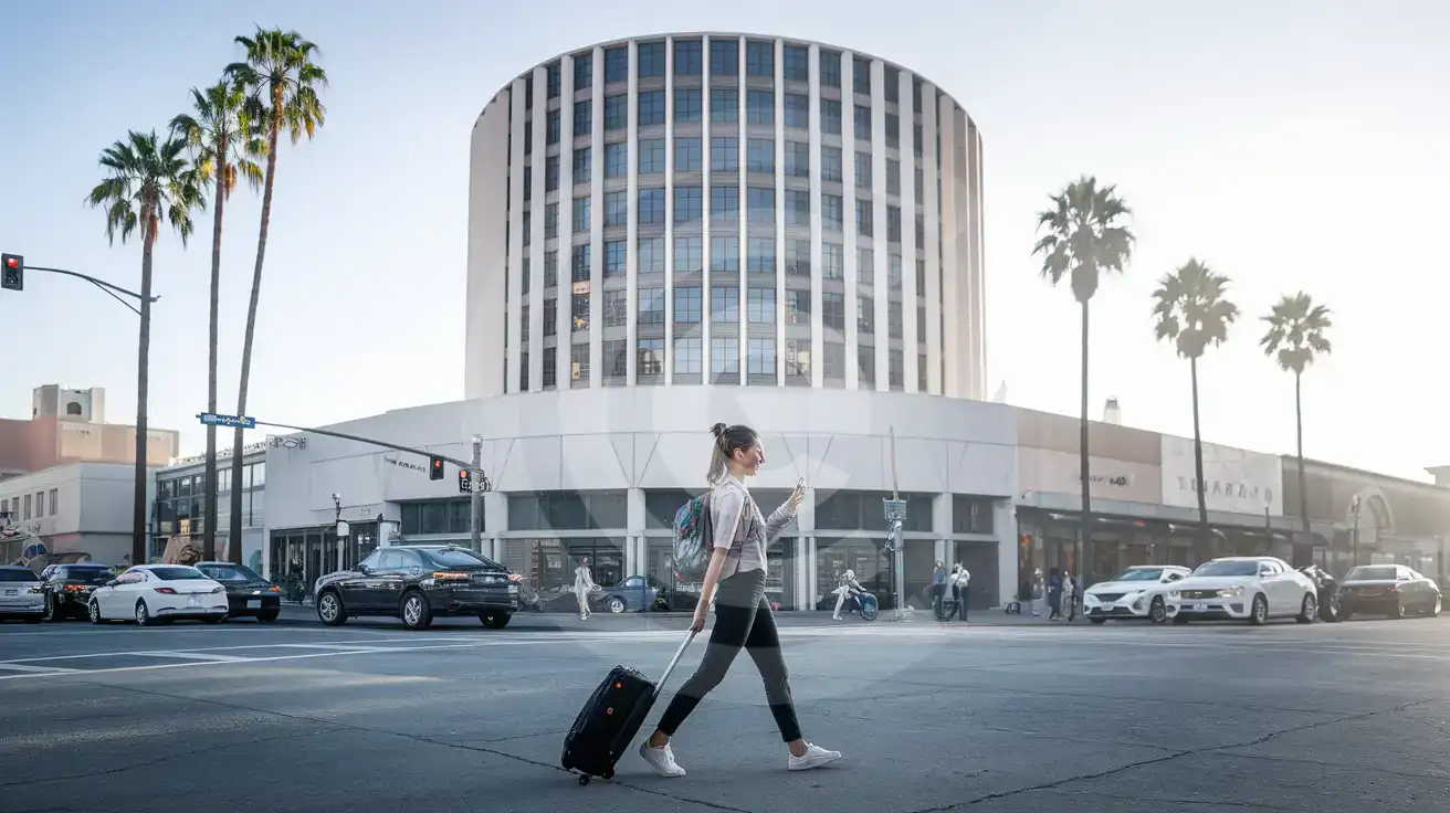 Podróżniczka z telefonem w ręku zbliżająca się do Capitol Records Building od strony Hollywood i Vine