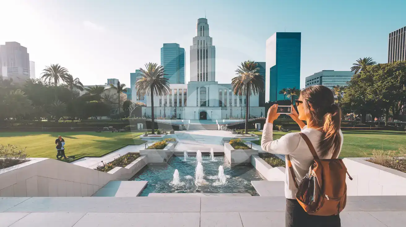 Călătoare singură fotografiind Primăria din Los Angeles din Grand Park, în centrul orașului