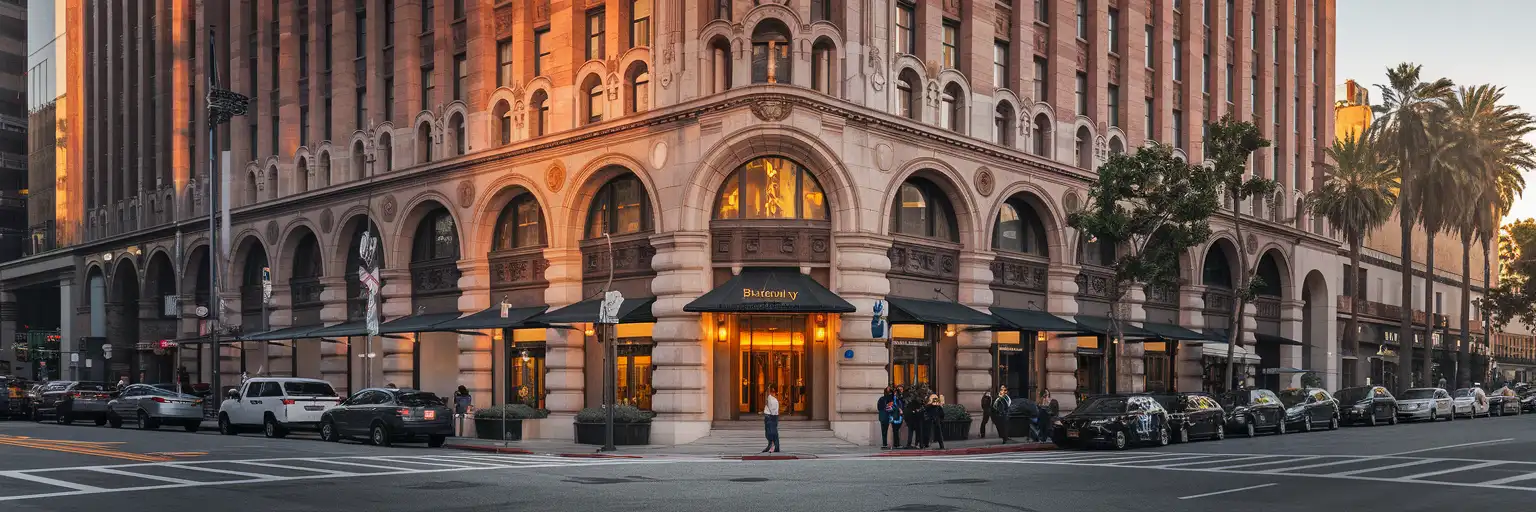 Widok zewnętrzny Bradbury Building w centrum Los Angeles o złotej godzinie