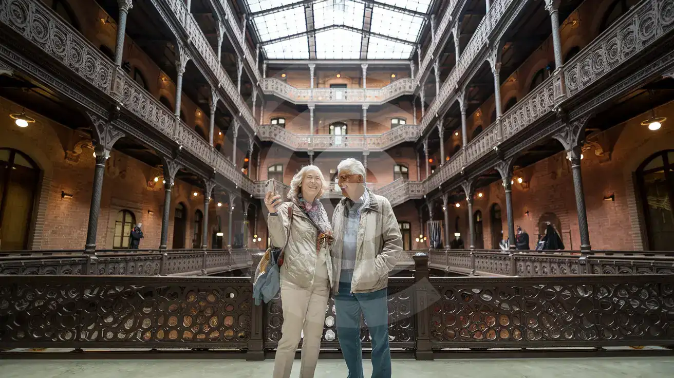 Starsza para w atrium budynku Bradbury w Los Angeles patrzy w górę na żelazne konstrukcje i świetlik