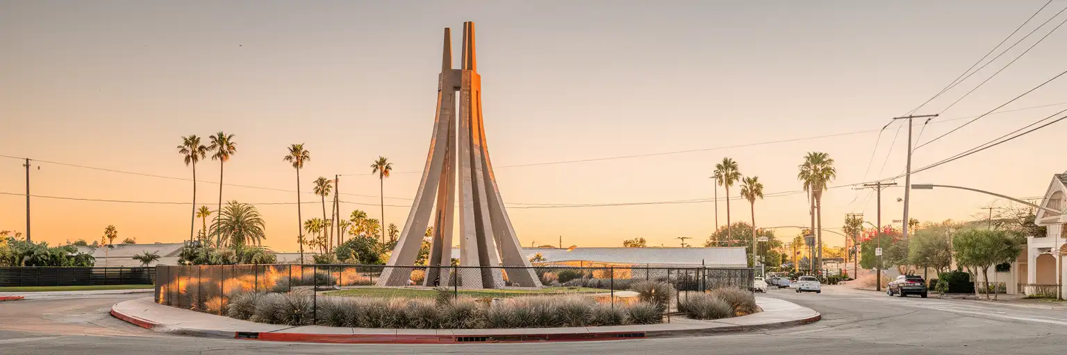 Vista amplia del exterior de Watts Towers en Los Ángeles al atardecer
