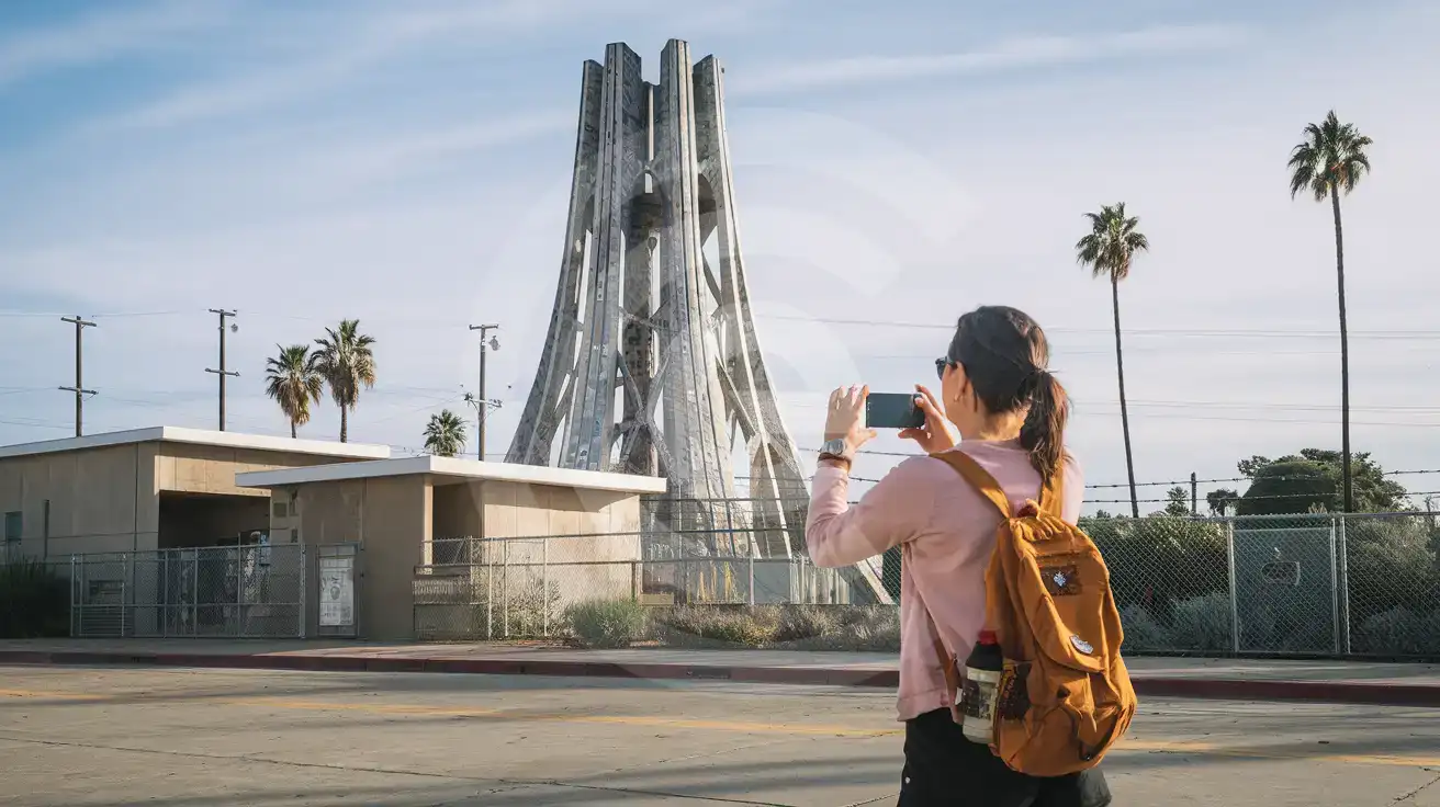 Viajera solitaria fotografiando las torres escultóricas de Watts desde el acceso público en Los Ángeles