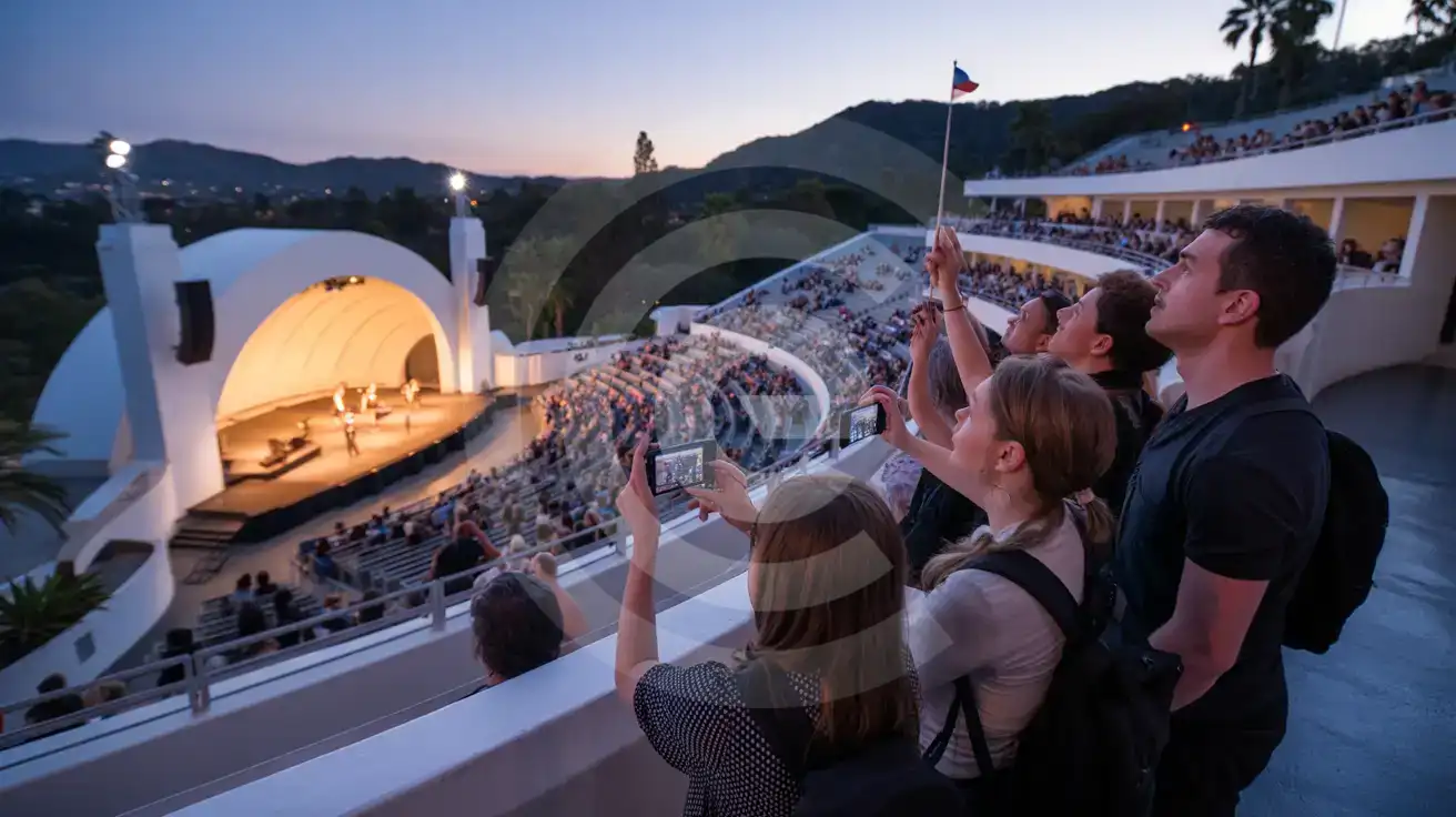 Hollywood Bowl interior during live concert at twilight with tour group recording on phones and iconic white band shell illuminated