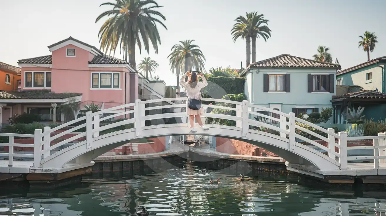Viajera solitaria fotografiando el Paseo de los Canales de Venecia desde un puente peatonal arqueado en Los Ángeles