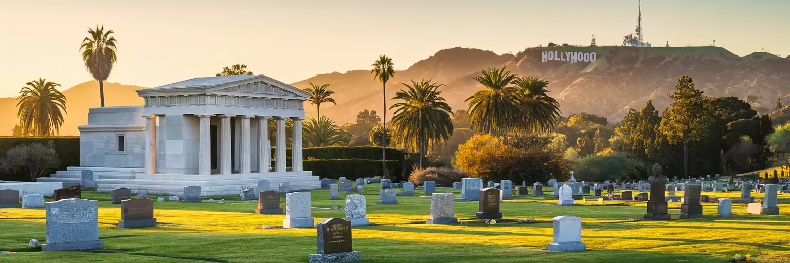 Hollywood Forever Cemetery grounds at golden hour with the Fairbanks Lawn mausoleum, palm trees, and Hollywood Sign visible in the distance
