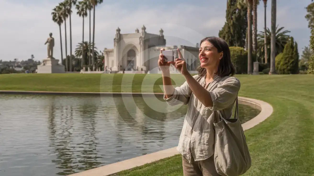 Solo female traveler photographing the Cathedral Mausoleum at Hollywood Forever Cemetery near the lake and Johnny Ramone memorial