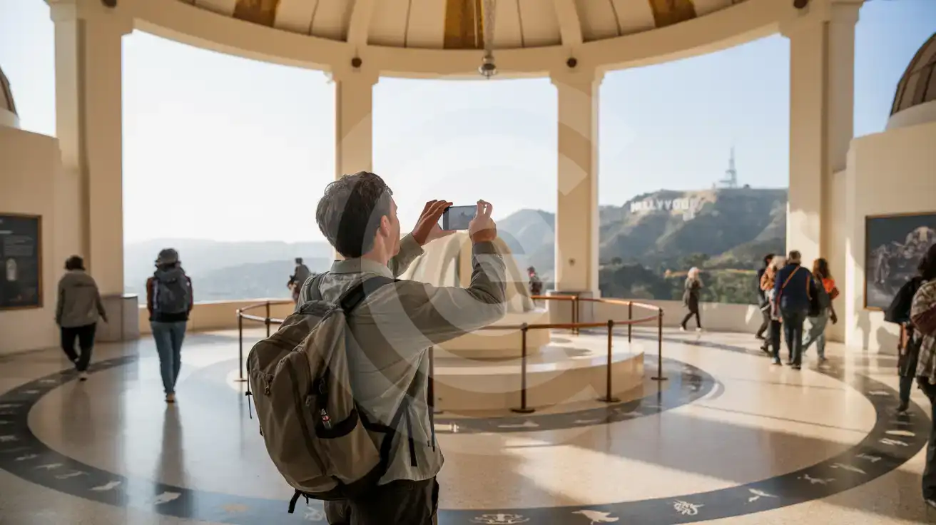 Solo male traveler photographing the Foucault Pendulum inside Griffith Observatory with the Hollywood Sign visible through the windows