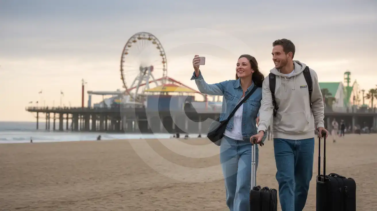 Mixed couple photographing Santa Monica Pier Ferris wheel while walking with rolling suitcases on overcast afternoon