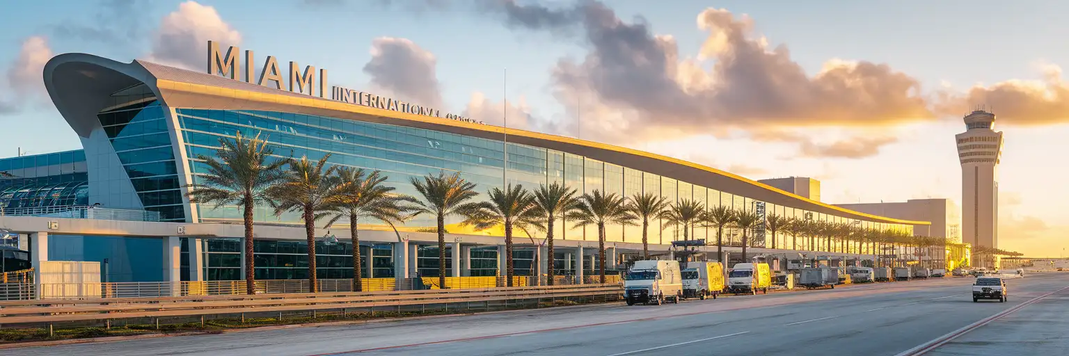 Miami International Airport terminal facade at golden hour with palm trees and control tower