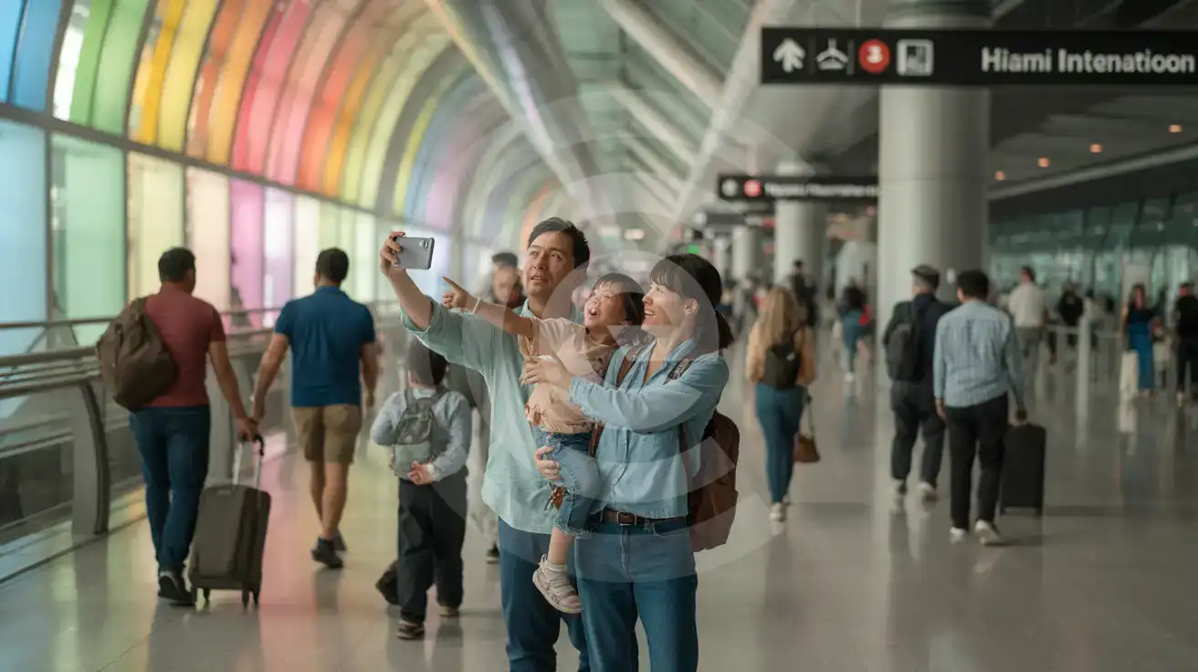 Family walking through Miami International Airport's colorful Harmonic Convergence corridor with smartphone