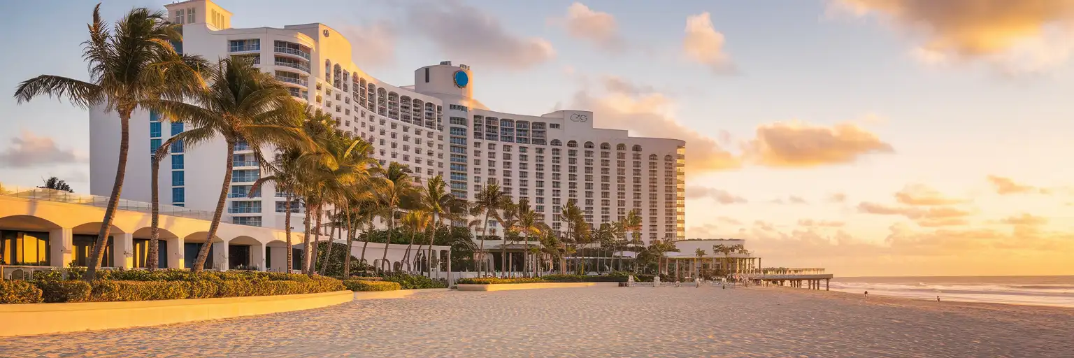 Fontainebleau Miami Beach iconic curved white modernist facade along Collins Avenue at golden hour with palm trees and Atlantic Ocean