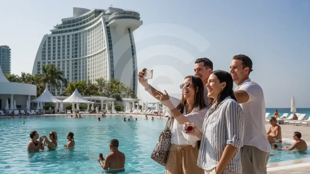 Friends filming the iconic Fontainebleau Miami Beach pool complex with the curved white tower and Atlantic Ocean in background