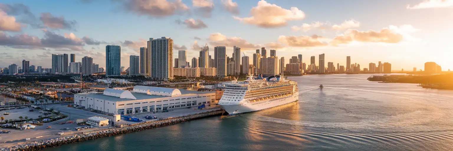 Exterior view of Port of Miami cruise terminals and ships at golden hour with the Miami skyline across Biscayne Bay