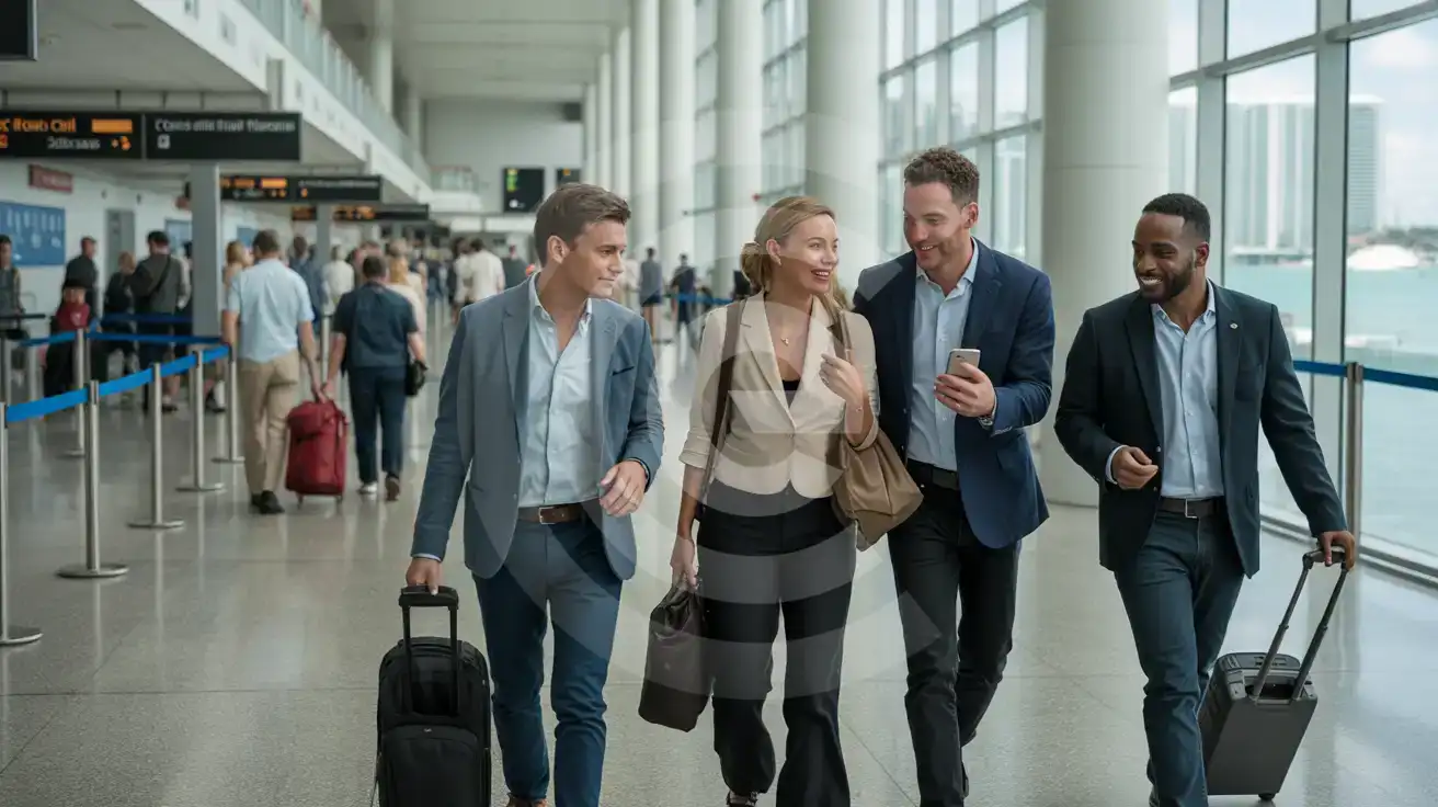 Business travelers walking through a busy Port of Miami cruise terminal concourse with smartphones in hand