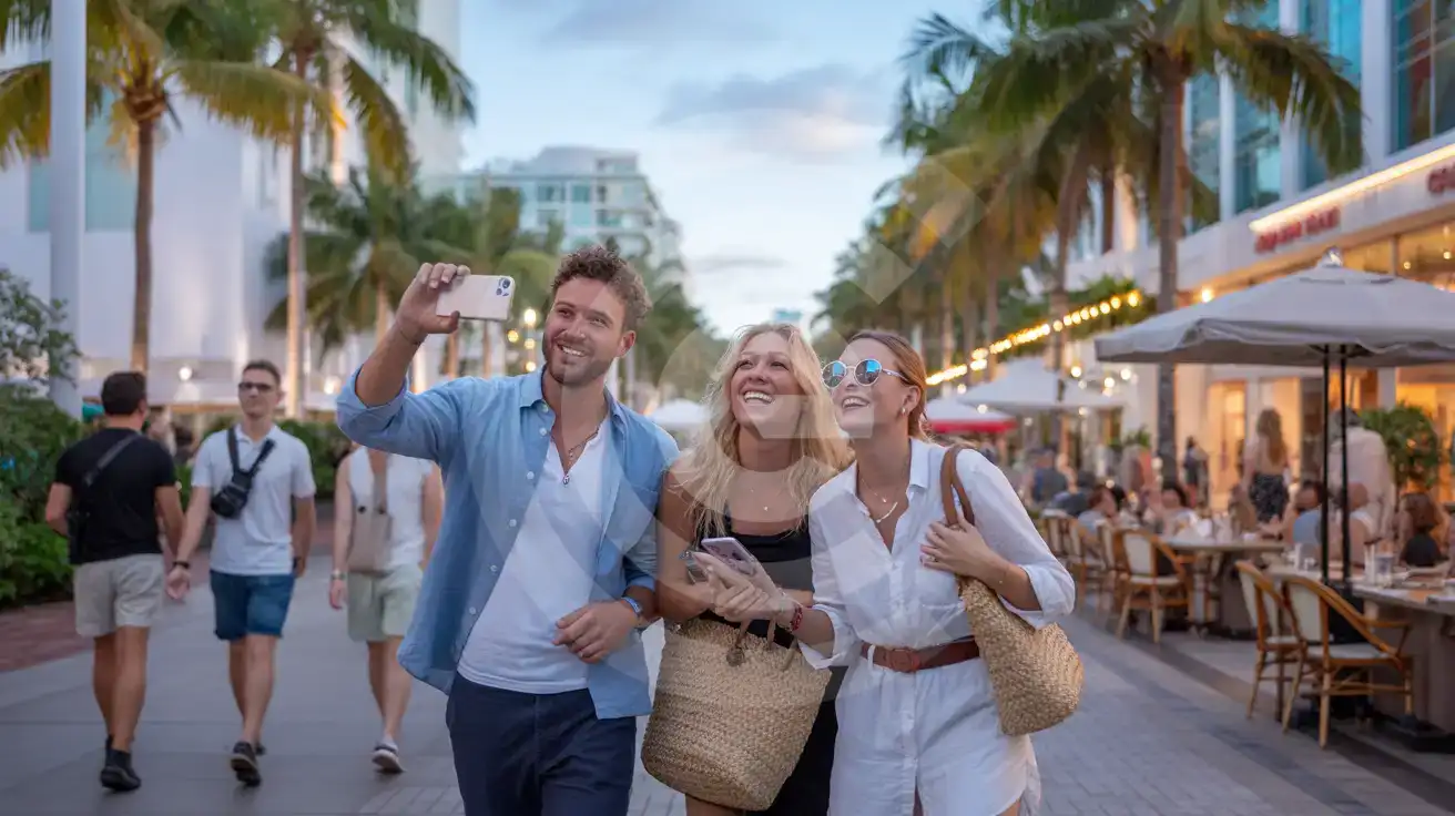 Group of friends walking Lincoln Road Mall South Beach Miami at blue hour twilight with palm trees and café lights