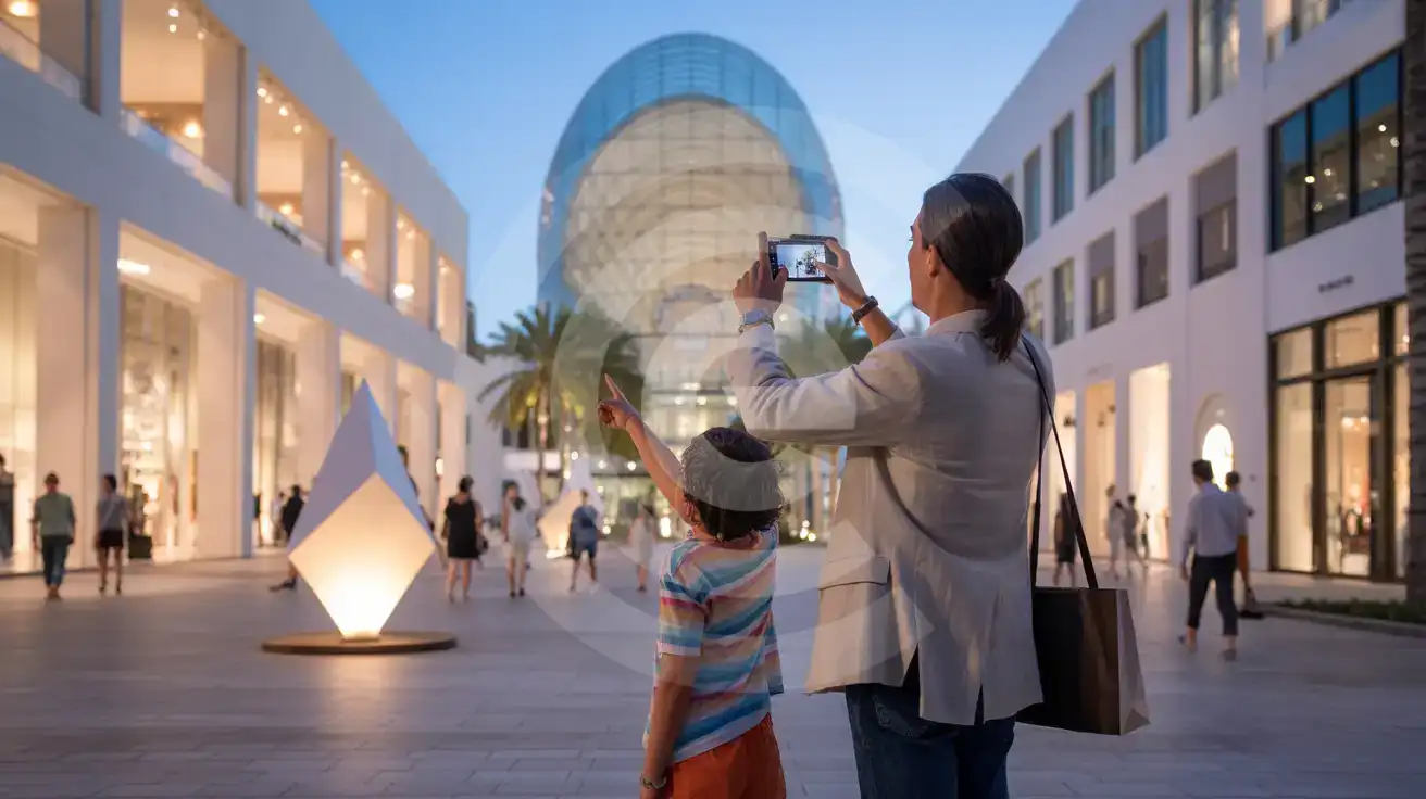 Family photographing the illuminated Fly's Eye Dome at Palm Court in Miami Design District during blue hour