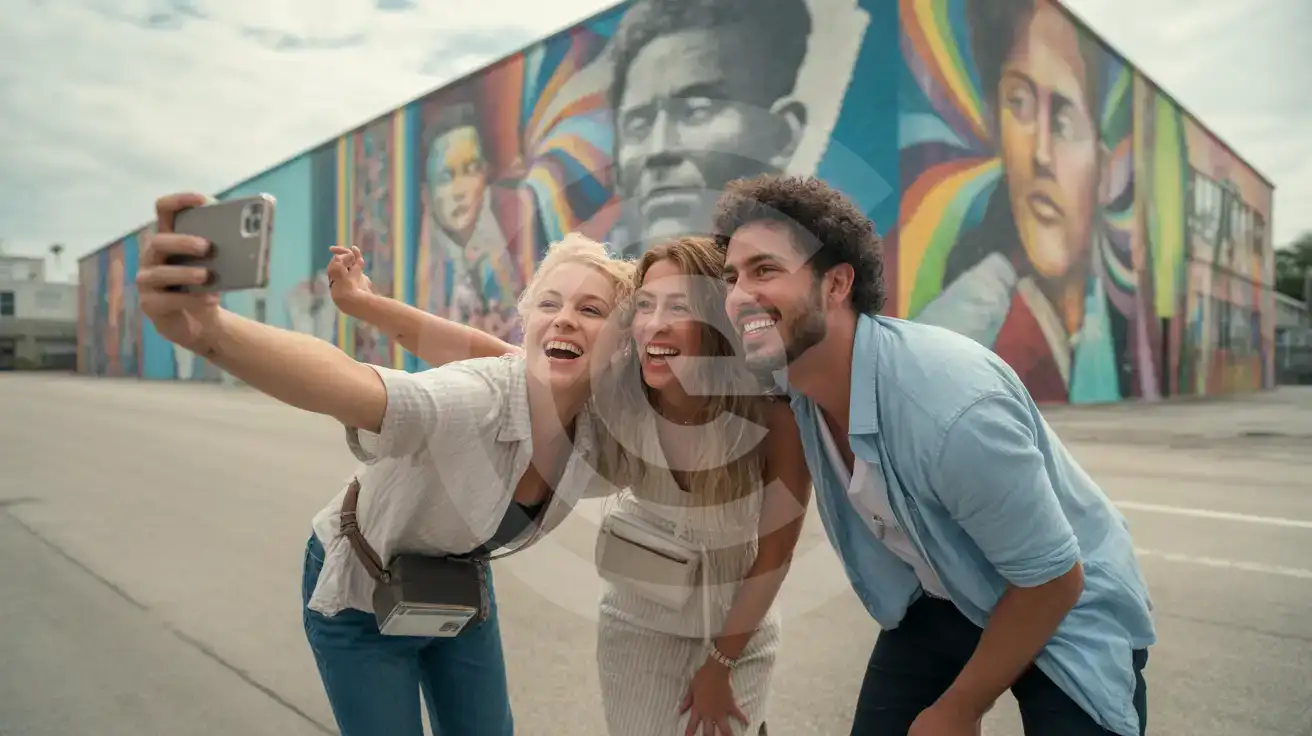 Friends taking a group selfie in front of colorful Wynwood Walls street art murals in Miami