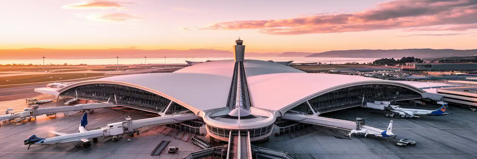 San Francisco International Airport's distinctive curved International Terminal roof at golden hour with aircraft at gates and San Francisco Bay in the background