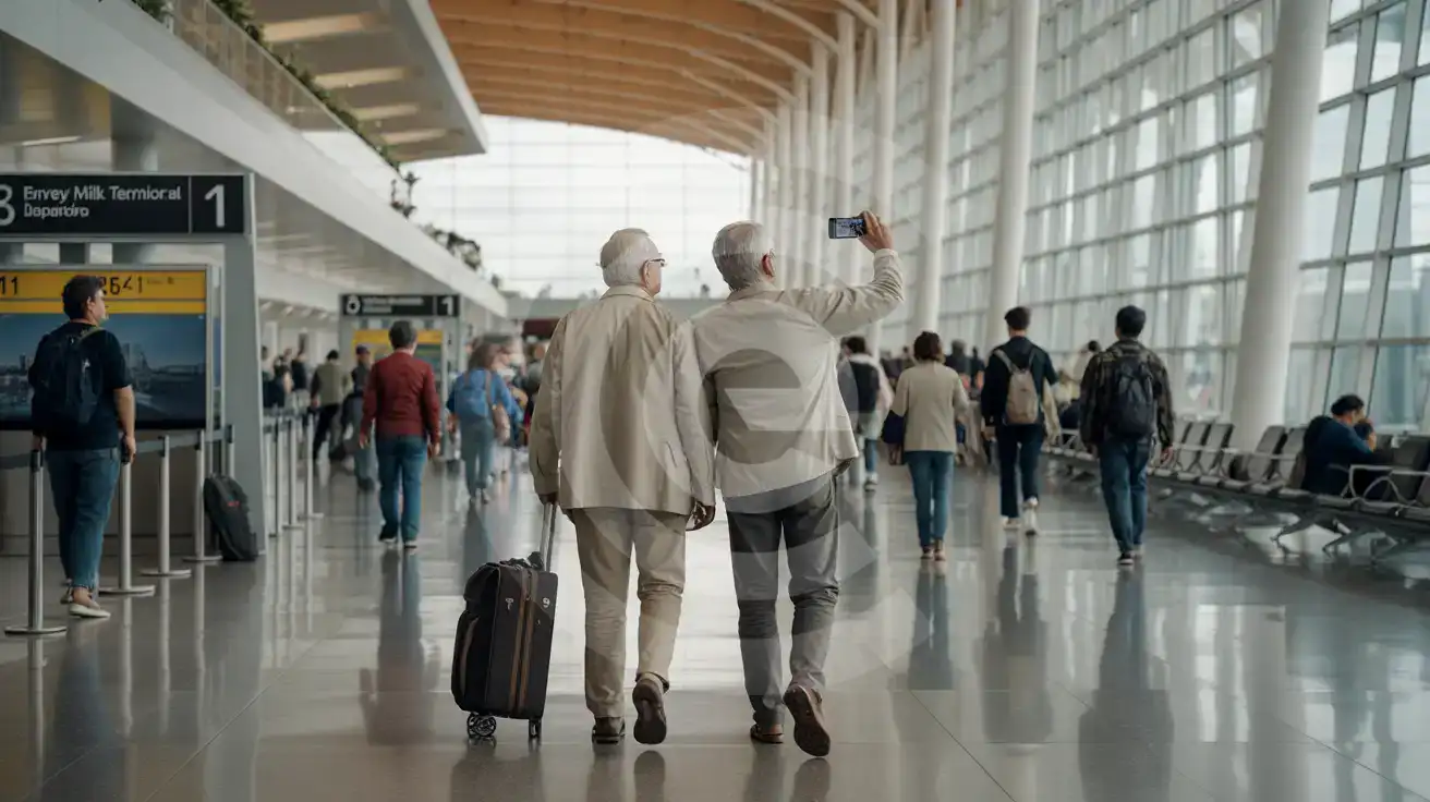 Senior couple walking through Harvey Milk Terminal 1 at San Francisco International Airport, one photographing the modern terminal architecture with smartphone