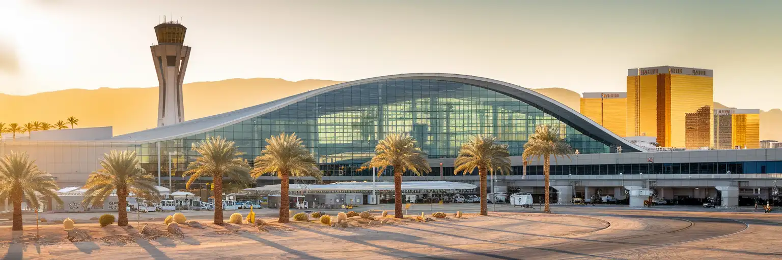 Terminal 3 exterior at Harry Reid International Airport with LAS control tower and Las Vegas Strip skyline at golden hour