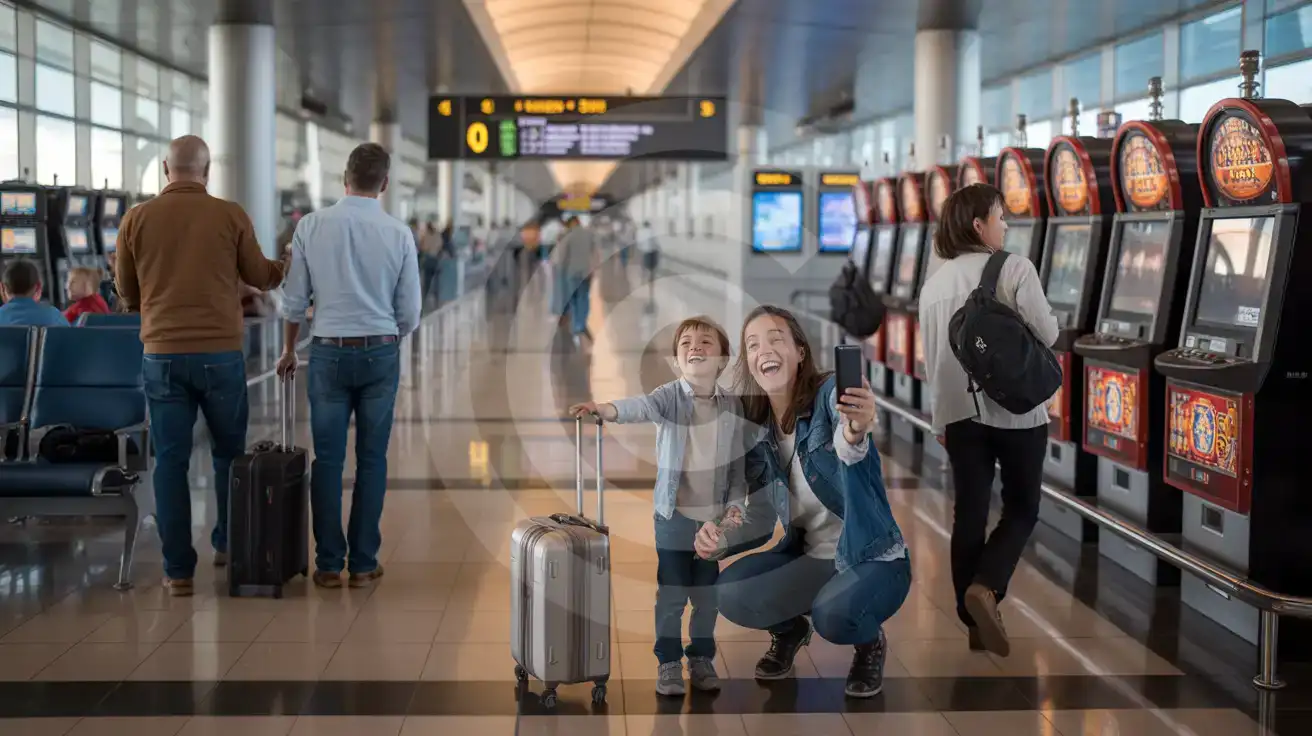 Family capturing the iconic slot machines inside Terminal 1 at Harry Reid International Airport Las Vegas