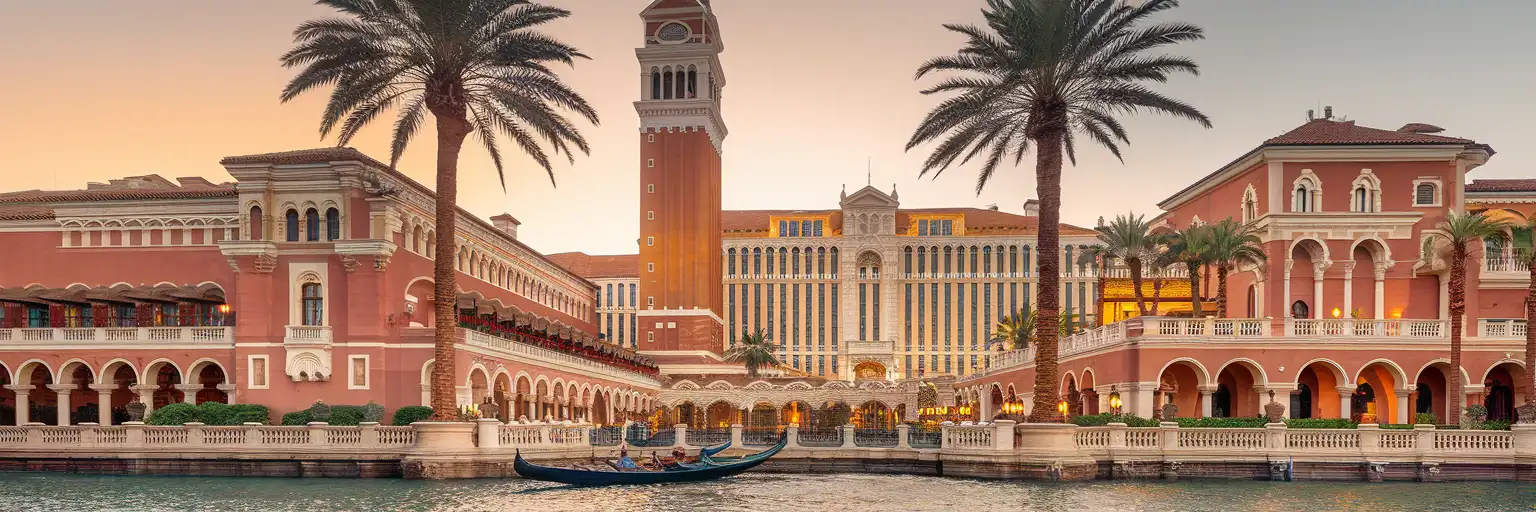 The Venetian Resort Las Vegas exterior facade with St. Mark's Campanile replica tower and Grand Canal gondolas at golden hour