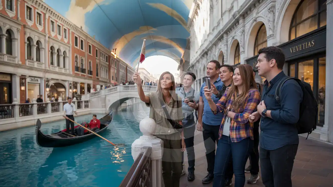 Tour group photographing gondolas in The Venetian Grand Canal Shoppes interior with painted sky ceiling