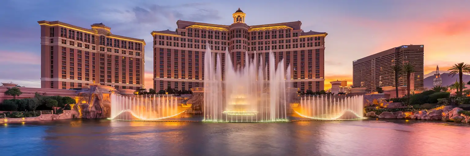 Fountains of Bellagio water show with towering jets illuminated against the Bellagio Hotel facade at twilight on the Las Vegas Strip