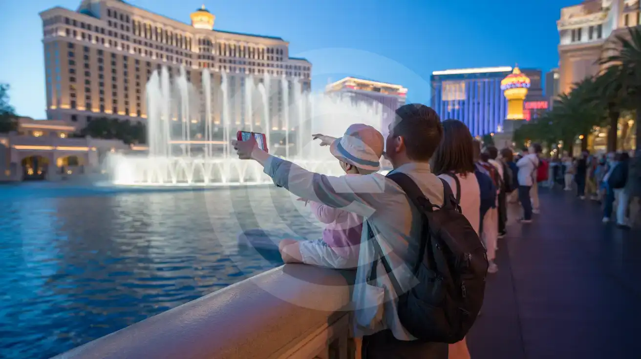 Family photographing the Fountains of Bellagio water show from the promenade railing at twilight with the illuminated hotel facade behind