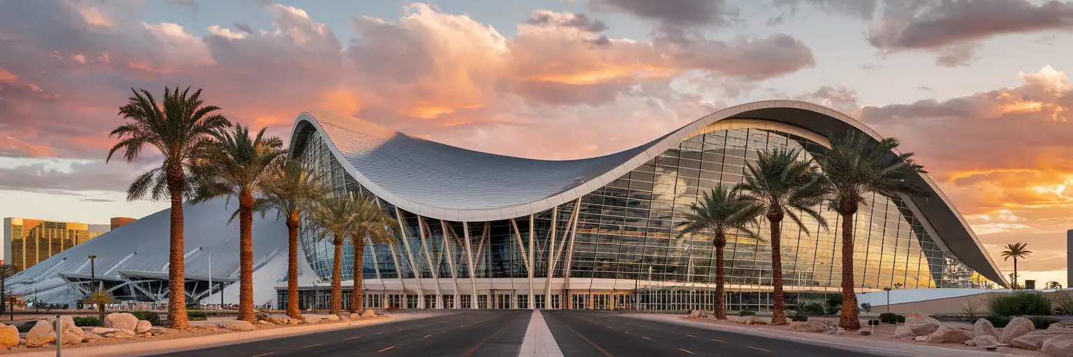 Las Vegas Convention Center exterior with its distinctive curved silver roof and modernist glass facade at golden hour