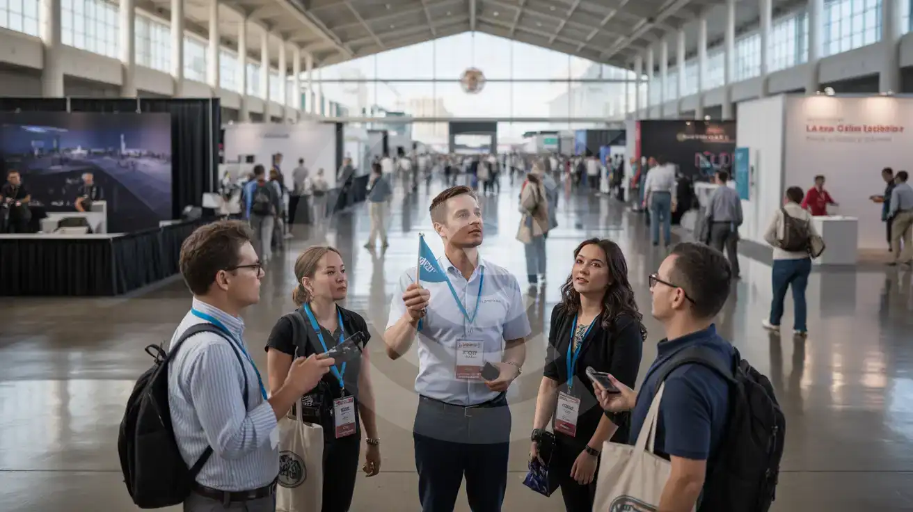 Interior of Las Vegas Convention Center during an active trade show with attendees and exhibit booths