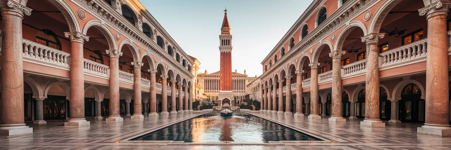 Grand Canal Shoppes entrance at The Venetian Resort Las Vegas with Venetian-style architecture and gondola waterway at golden hour
