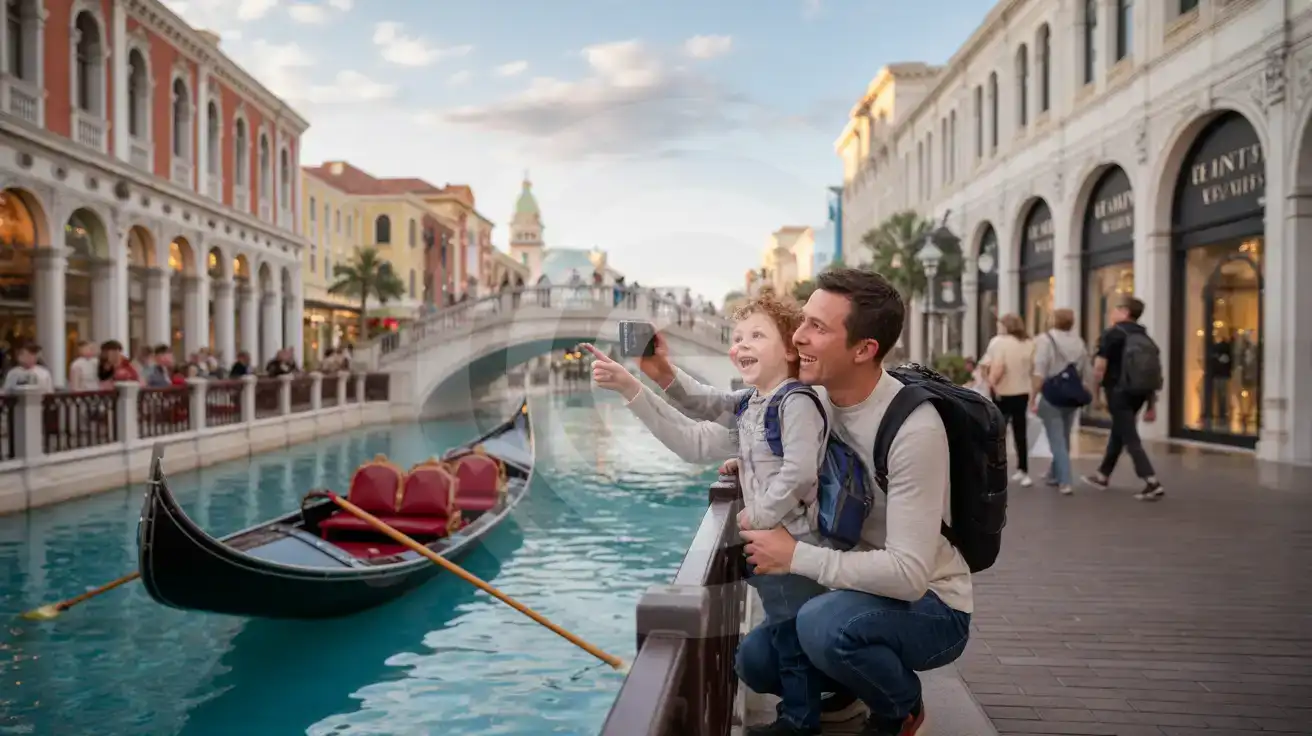 Family watching gondola ride on the indoor canal at Grand Canal Shoppes Las Vegas with painted sky ceiling overhead