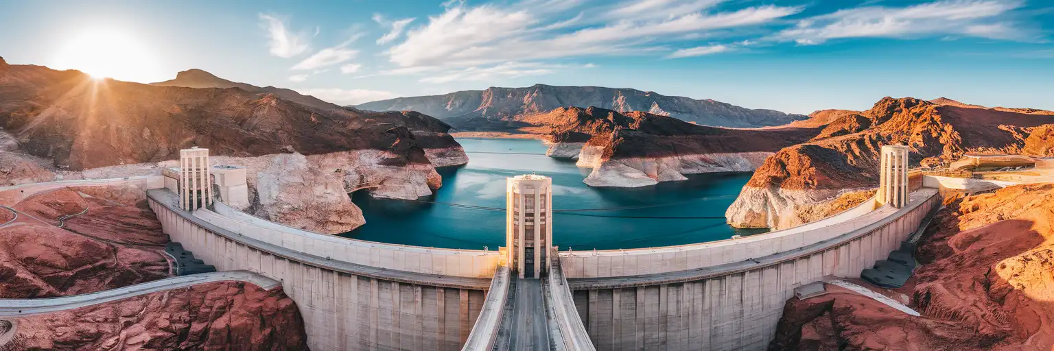 Hoover Dam concrete arch spanning Black Canyon with Lake Mead's turquoise waters and desert canyon walls at golden hour