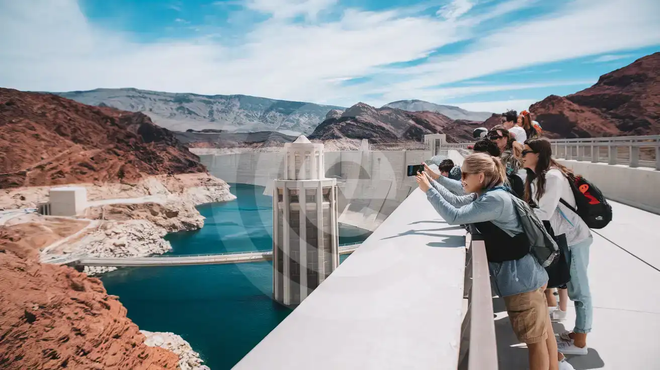 Group of friends photographing Hoover Dam from the Memorial Bridge pedestrian walkway with Black Canyon and Lake Mead visible below