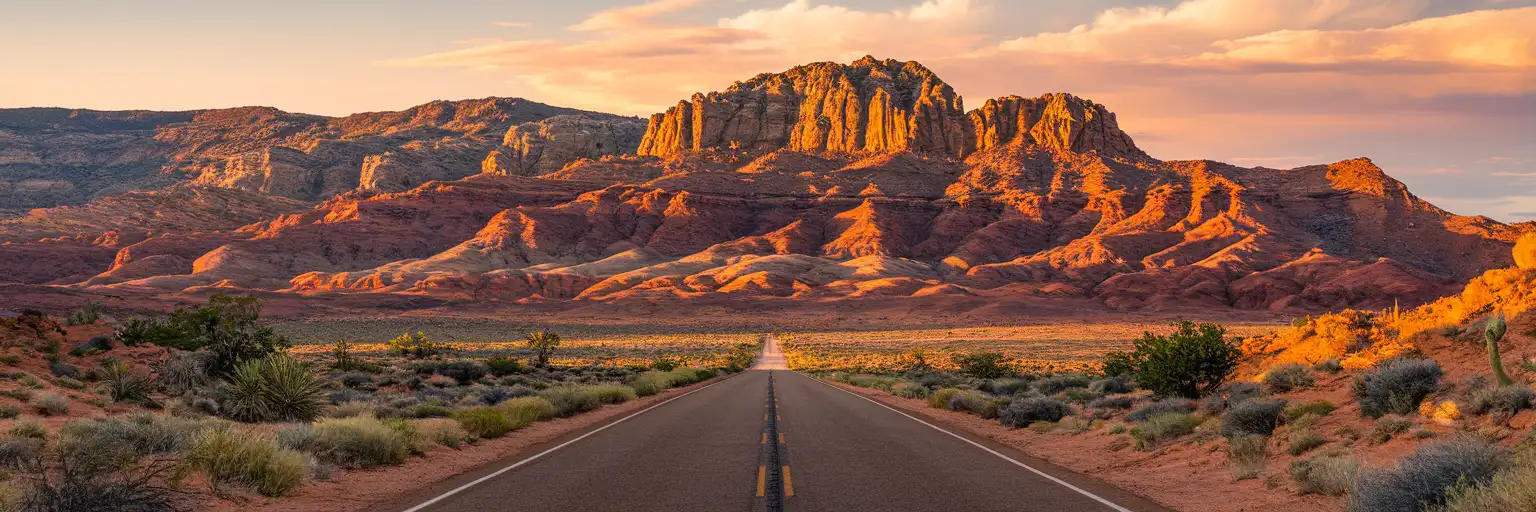 Wide golden-hour view of the red sandstone cliffs and desert approach road at Red Rock Canyon National Conservation Area near Las Vegas