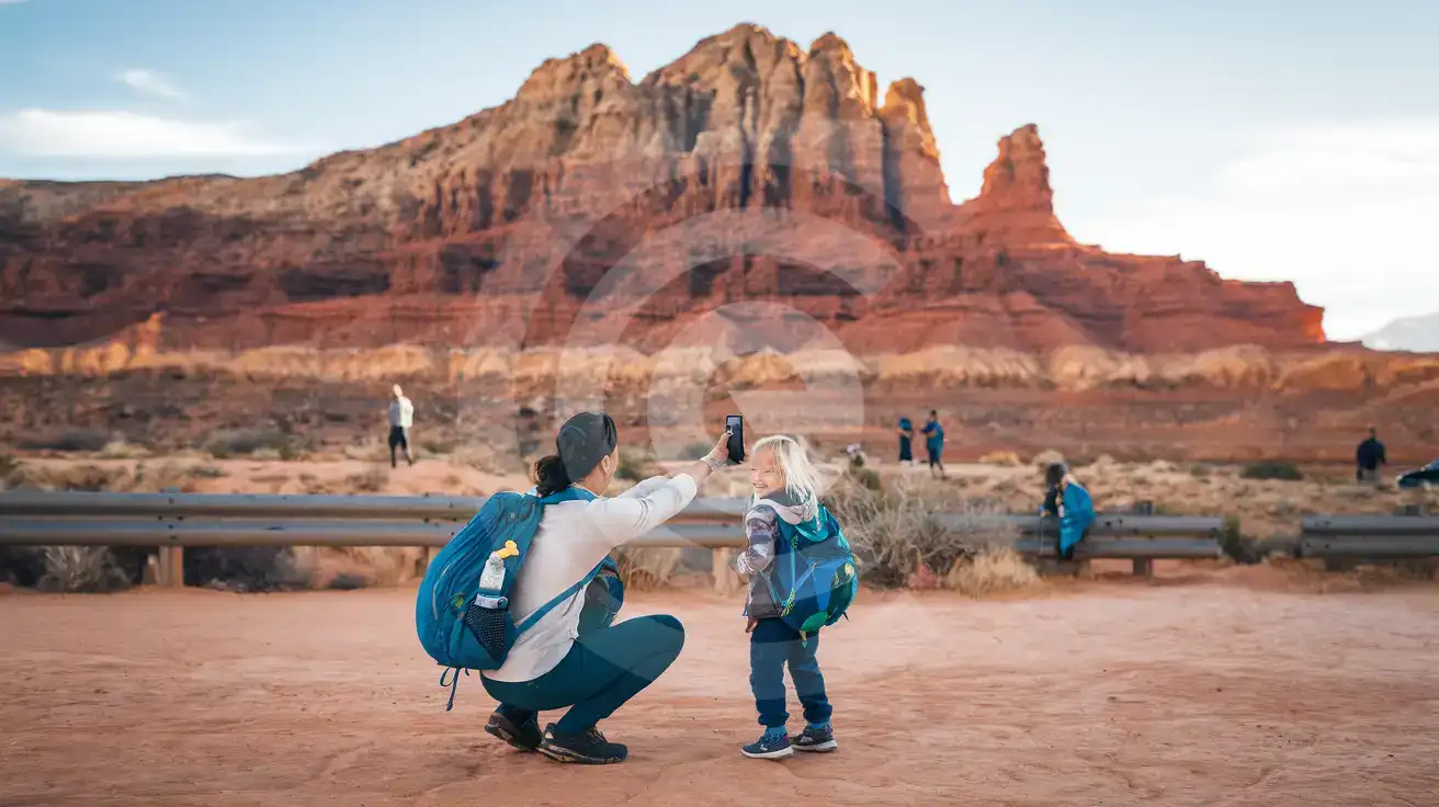 Parent and child at a Calico Hills overlook inside Red Rock Canyon National Conservation Area with striped red sandstone cliffs behind them