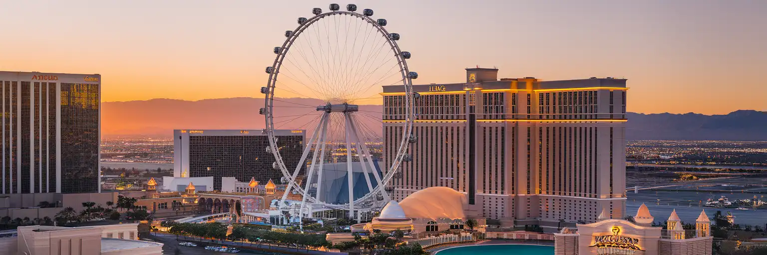 The High Roller observation wheel towering over the LINQ Promenade on the Las Vegas Strip at golden hour
