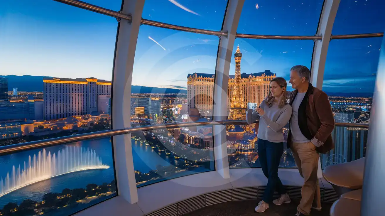 A couple filming the Las Vegas Strip panorama from inside a High Roller observation wheel cabin at twilight
