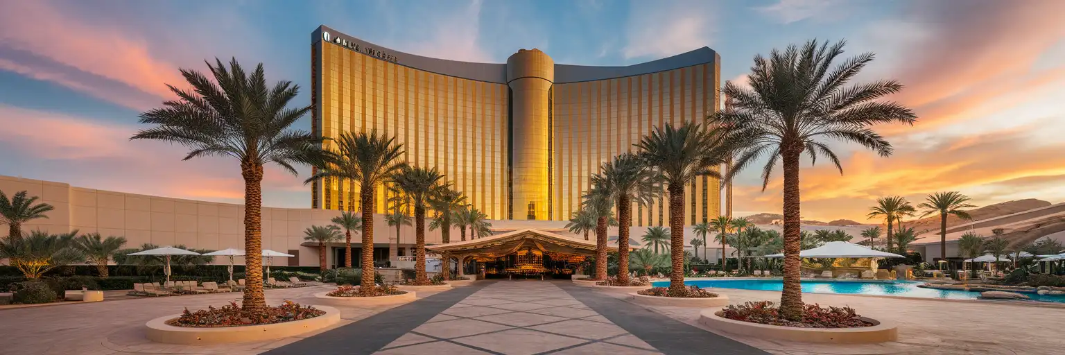 Exterior view of Mandalay Bay Resort and Casino with golden glass tower facade and palm-lined entrance at sunset in Las Vegas