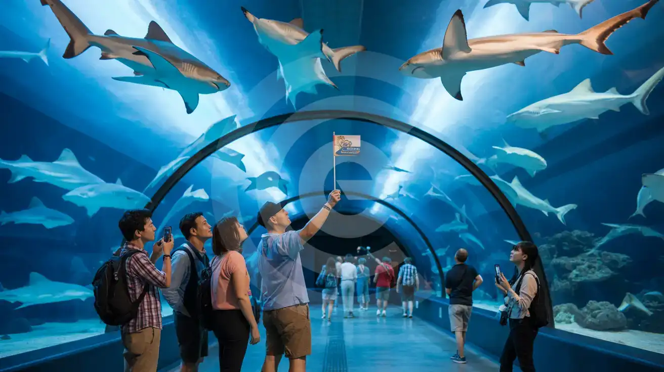 Tour group photographing sharks swimming overhead in the curved acrylic tunnel at Shark Reef Aquarium inside Mandalay Bay Las Vegas