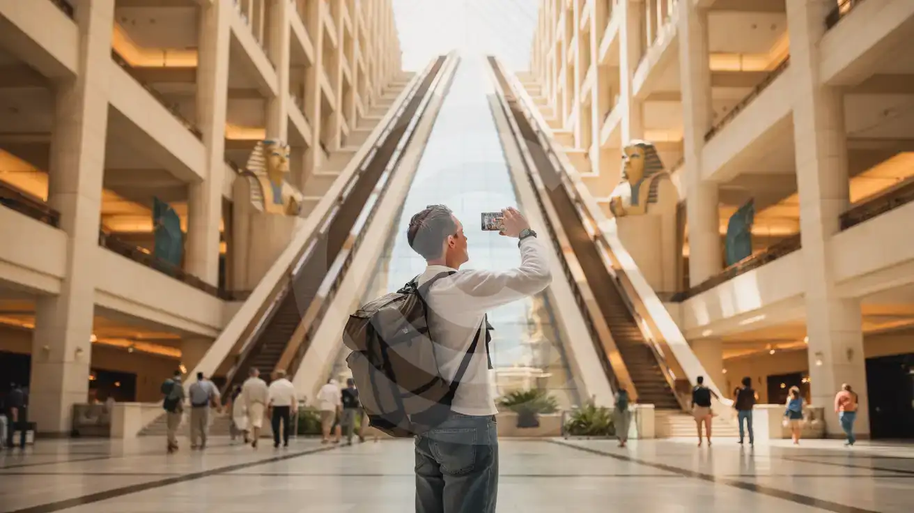 Solo male traveler photographing the dramatic interior atrium of Luxor Hotel pyramid in Las Vegas