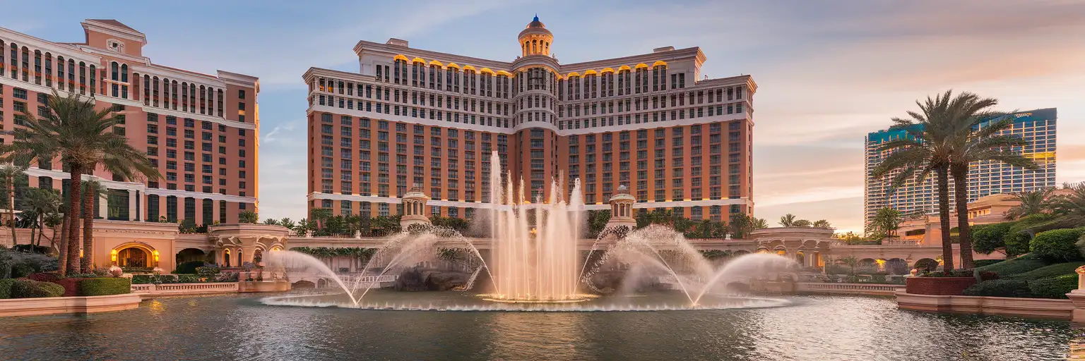 Las Vegas Strip'teki Bellagio oteli ve çeşmeleri, O by Cirque du Soleil'in evi, altın saatlerde