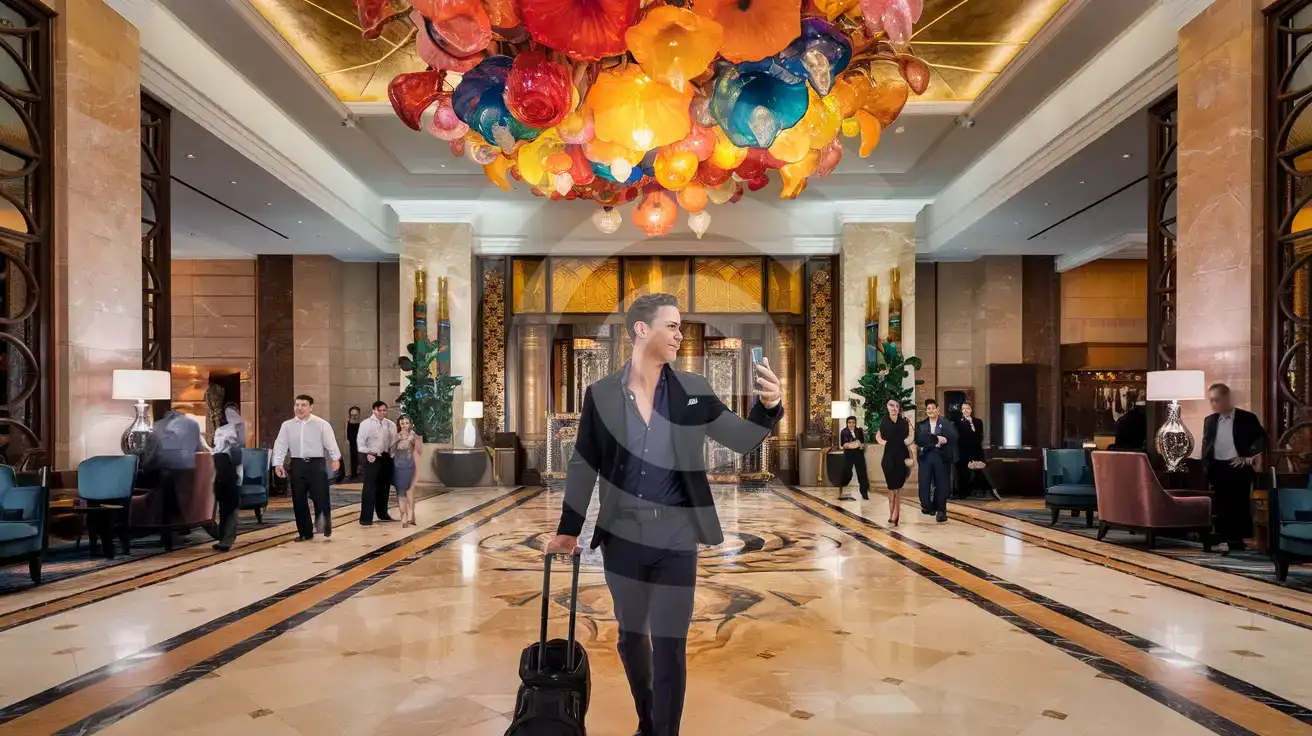 Chihuly cam tavanının altında Bellagio lobisinde yürüyen, elinde akıllı telefon olan tek başına bir erkek gezgin, Cirque du Soleil'in O gösterisine doğru ilerliyor