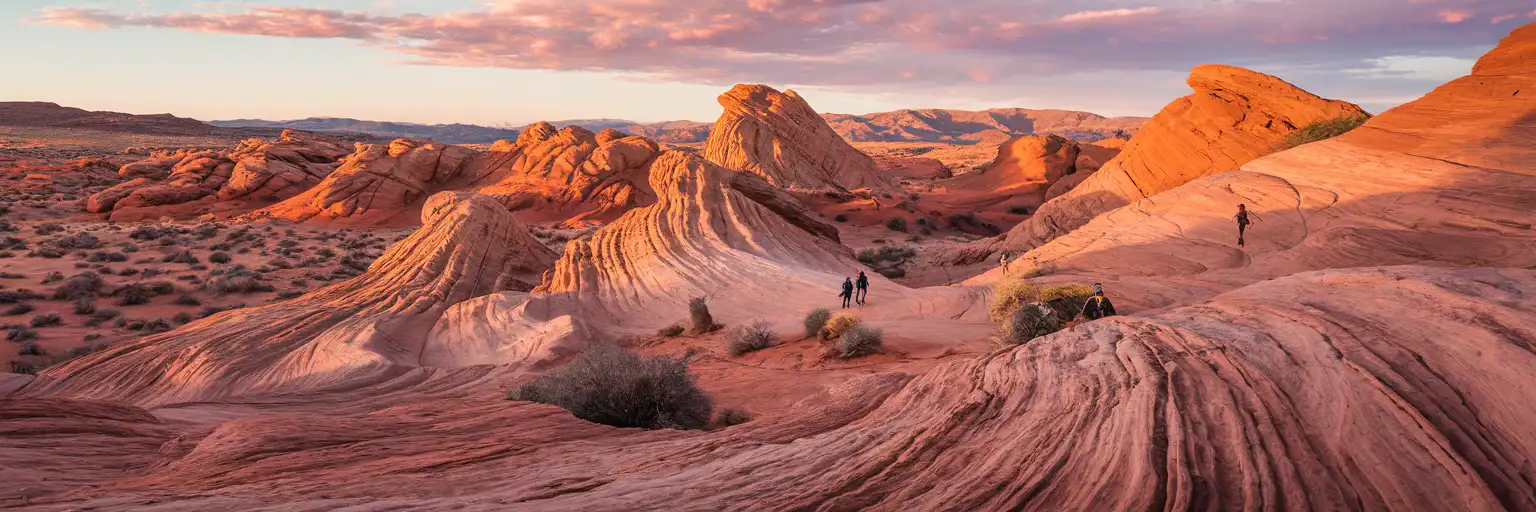 Vue large à l'heure dorée de la formation rocheuse Fire Wave dans le Valley of Fire State Park, Nevada