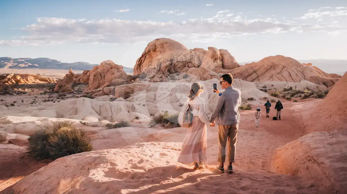 Cuplu în luna de miere în zona White Domes din Valley of Fire State Park, ținându-se de mână și folosind un telefon