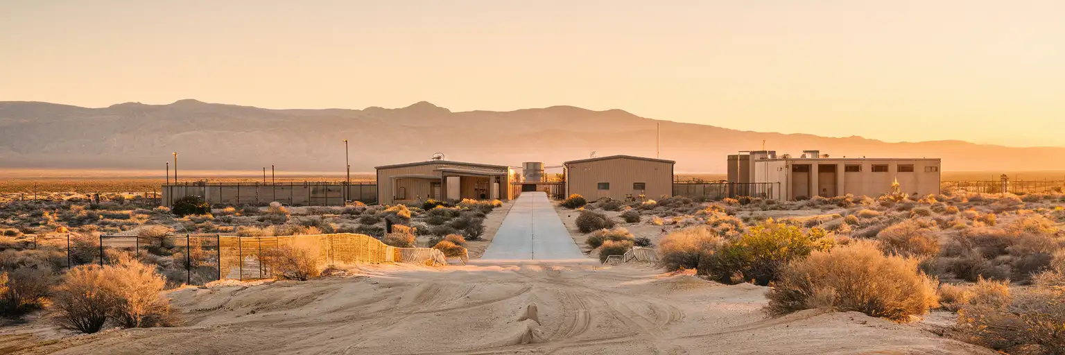 Wide exterior view of the Nevada Test Site desert approach near Mercury in golden-hour light