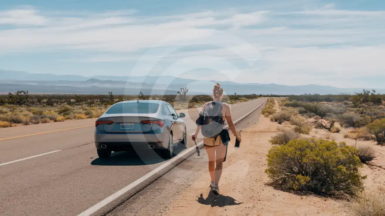 Solo female traveler checking her phone on the desert roadside route toward Nevada Test Site near Las Vegas